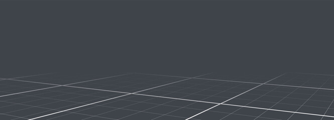 Gray background with white perspective grid lines creating a square pattern. Template platform for technology, user interface, industry, science, blueprint, or infographic concept. Vector illustration