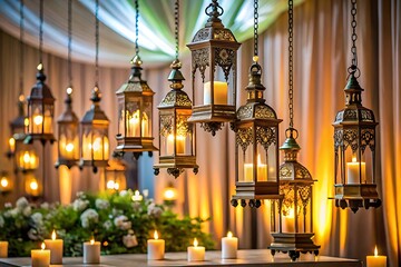 Obraz premium Islamic 3d podium round stage for Eid Mubarak, Ramadan Kareem, Muharram, Iftar on color background. 3d ramadan kareem background gold crescent decoration with golden lamp and podium 