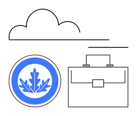 Cloud, circular leaf emblem, and briefcase highlight themes of sustainability, eco-friendly practices, business development, corporate responsibility, innovation, global reach, abstract line flat