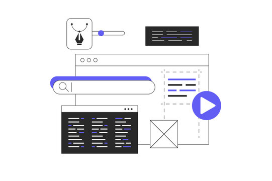 Web development, web design concept. Developer brainstorming UI and UX designs for webpage user interface or mobile app. Flat Cartoon Vector Illustration, icon. Stylish abstract 