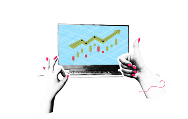 Stylish collage cryptocurrency halftone. Laptop with bitcoin trading chart going up. bull market Sales growth design. Hands with magnifying glass and thumb up on transparent background