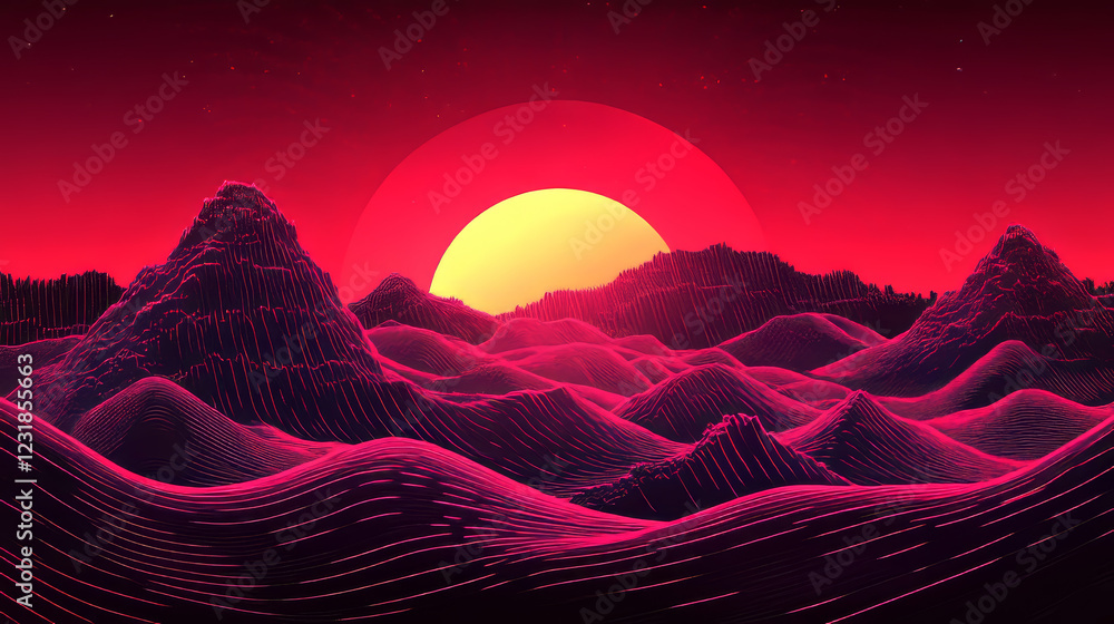 Poster empty abstract wavy red neon background in retro wave style. vector clip art for your music project 