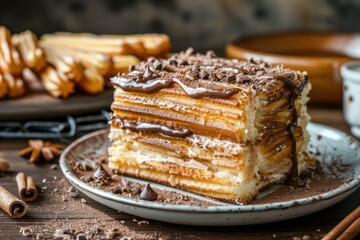 Layered cake with chocolate frosting and chocolate chips on top