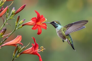 Fototapeta premium A Vibrant Hummingbird Hovers Near a Radiant Hibiscus Flower, Showcasing the Beauty of Nature’s Pollination Process