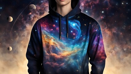 Close-up of a person wearing a stylish black hoodie featuring a vibrant nebula and celestial bodies all-over print against a cosmic backdrop.