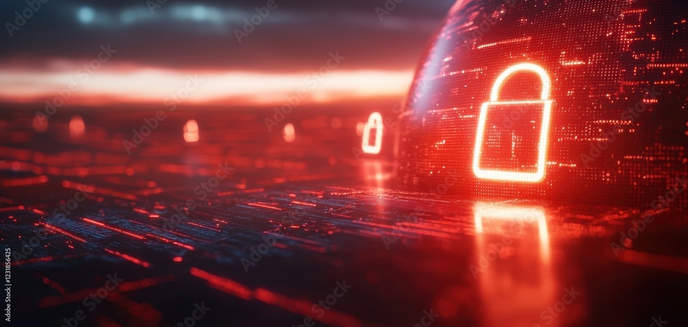 Poster a futuristic digital landscape featuring glowing red security locks, symbolizing cybersecurity and p