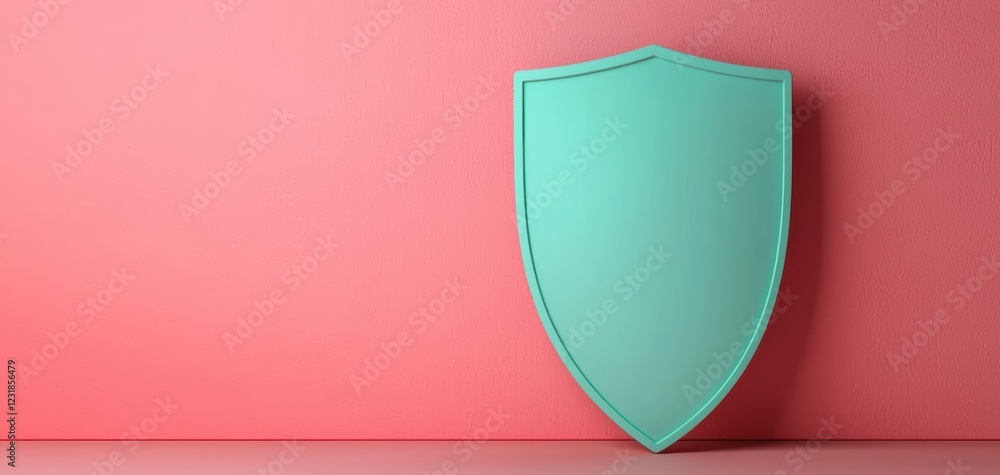 Poster a minimalistic shield in teal color stands against a coral backdrop, symbolizing protection and secu