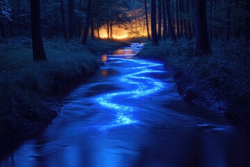 A serene river flowing through a glowing, enchanted forest, with bioluminescent plants illuminating the water.