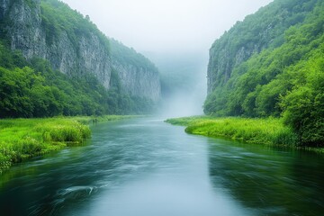 A serene river winding through a lush valley with steep cliffs, the water reflecting the vibrant green of the surrounding foliage.