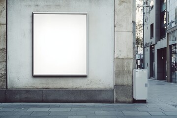 Blank square billboard mounted on a weathered stone building facade in a city street.