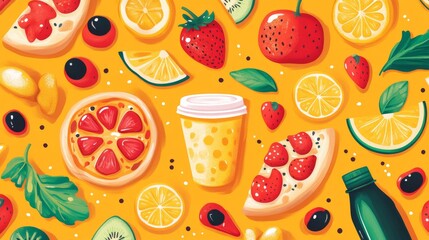 Colorful fruit and pizza spread vibrant yellow background food illustration creative composition