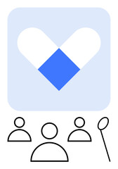 Capsule-shaped heart icon above three figures representing teamwork, communication, and accountability. Ideal for healthcare, medical teams, collaboration, professionalism, unity, pharmacy abstract