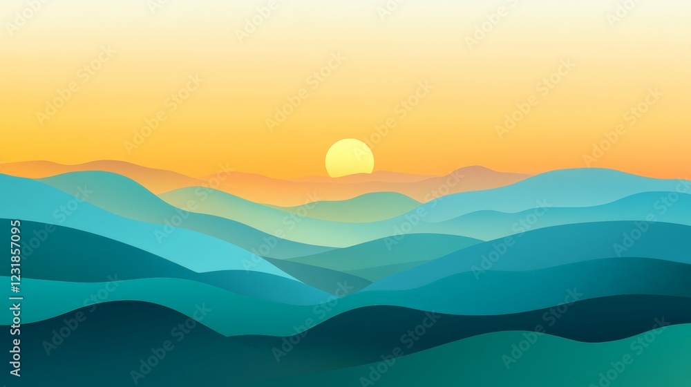 Poster minimalist landscape showing rolling hills with a gradient of blues and greens, bathed in the warm l