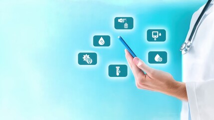 Close up of a doctor hand using a stethoscope to interact with digital diabetic care icons, concept for insulin management, glucose control, and diabetes blogs