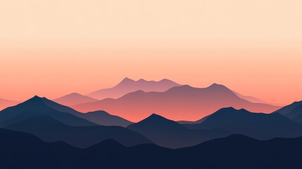 Fototapeta premium Gentle light from the setting sun enveloping a tranquil mountain landscape, creating an ethereal panorama filled with layered peaks and serene valleys, inspires a sense of calm and beauty