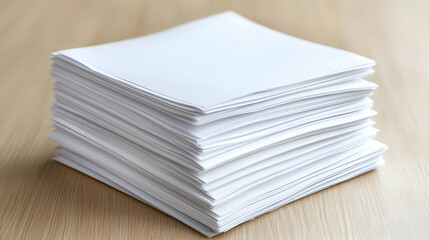 Stack of blank paper on wooden desk; office background