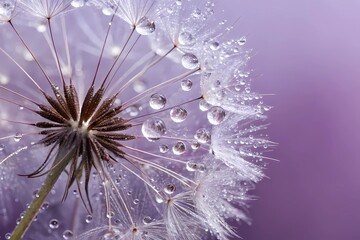 A Close-up of a Dandelion, Covered in Glistening Water Droplets, Showcases Its Delicate Beauty and Intricate Fibers