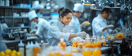 Skilled chef preparing dishes in a busy kitchen during a culinary event at a modern culinary school