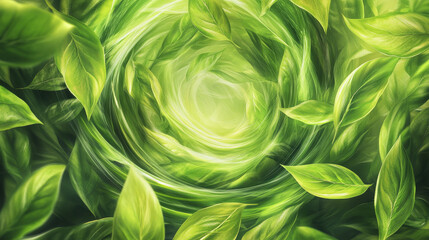 Obraz premium Freshness effect, green air, twist wind flow with green leaves. Glow vortex swirls, wand trail, fresh green tea breath or detergent isolated on transparent background, Realistic 3d vector illustration