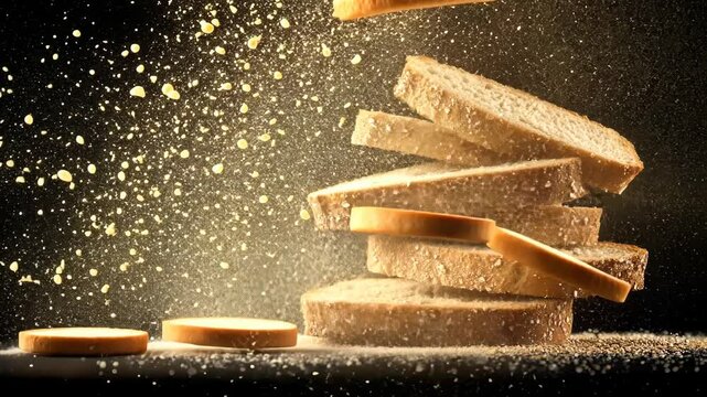 Slices of fresh bread tumble down, releasing a cloud of flour in a striking dark background highlighting baking skills