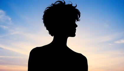 A silhouette of a person with short, wavy hair, featuring shattered fragments, in a vibrant sky background. The figure has a mix of dark and colorful elements, suggesting a broken or surreal appearanc
