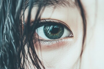 Close-up shot of eye with wet hair framing the face