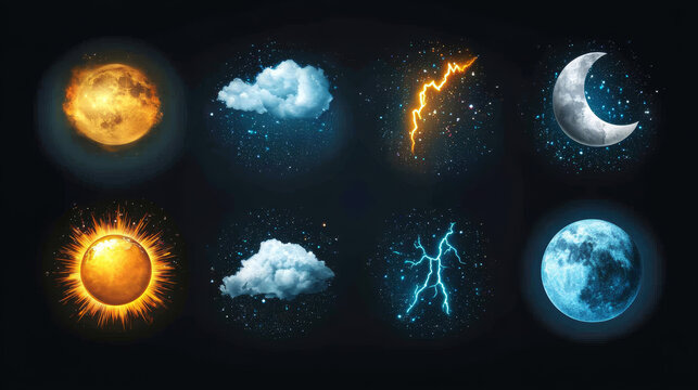 Weather meteo icons realistic set vector illustration. Realistic elements for weather forecast, sun, moon, clouds with snow and rain, thunderstorm with lightning isolated on transparent background