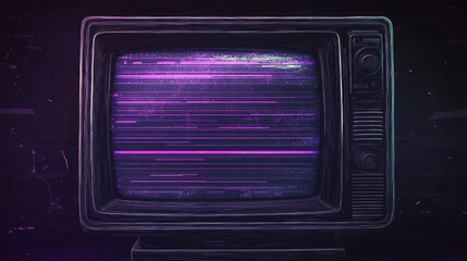 Obraz premium Vintage television screen effect with purple lines and pixels texture on black background. Realistic vector illustration of abstract retro vhs tv video play or rewind grain and noise backdrop.