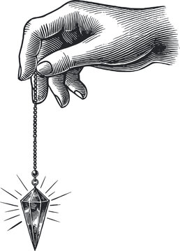 human hand holding crystal divination pendulum hand drawn style engraving vector