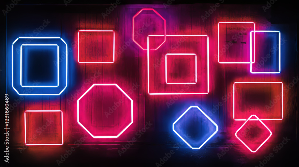 Poster neon light frame with glow square, rectangle geometric hexagon shape border vector. led line sign wi