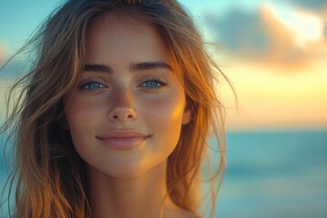 Young woman smiling at sunset by the beach