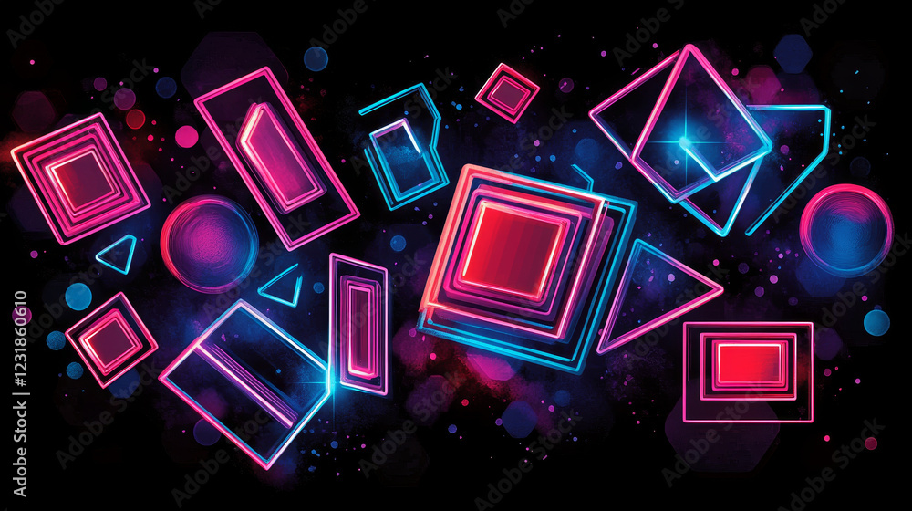 Poster neon light frame with glow square, rectangle geometric hexagon shape border vector. led line sign wi