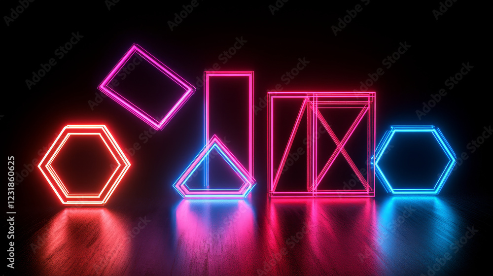 Poster neon light frame with glow square, rectangle geometric hexagon shape border vector. led line sign wi