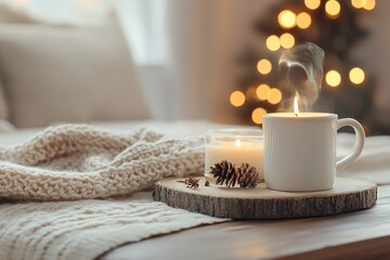 Cozy ambiance with warm drink and candles on a wooden surface during winter season