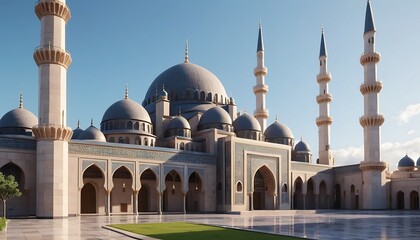 Fototapeta premium A stunning mosque with grand domes and towering minarets, featuring intricate Islamic architecture, elegant arches, and a spacious courtyard under a clear blue sky.