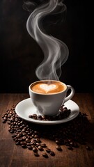 Fototapeta premium White cup of freshly brewed capuccino coffee with a heart-shaped latte-art, cloud of steam and coffee grains on a dark rustic background. Beautiful drinks beverages photography illustration concept.