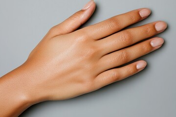 Fototapeta premium Natural looking hand with soft skin against a neutral background showcasing manicured nails for beauty purposes