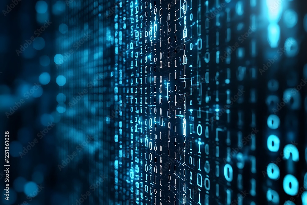 Poster abstract digital data stream: glowing binary code in deep blue