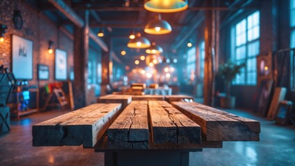 Rustic Wooden Table in an Industrial Workspace with Warm Ambiance