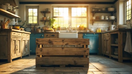 Inviting rustic kitchen with natural light and wooden crate