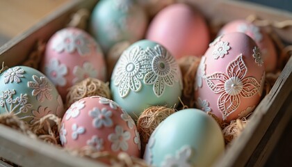 Decorative pastel Easter eggs with floral motifs in wooden basket, festive holiday display