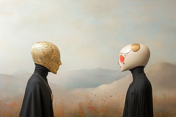 Unique encounter between artistic humanoid figures in a serene landscape at dusk