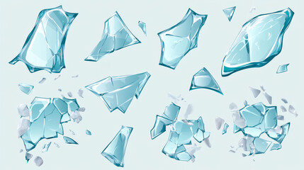 Broken glass or ice pieces set isolated on transparent background. Vector realistic illustration of crashed mirror shatters, crystal shards, window fragments of abstract shape with uneven sharp edges