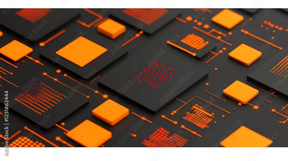 Poster abstract 3d rendering of a futuristic circuit board with glowing orange components.