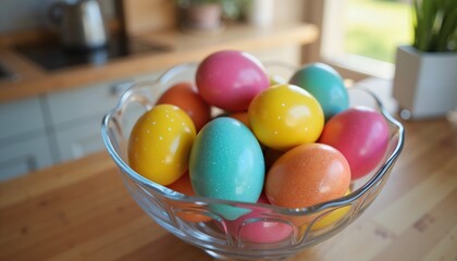 Colorful Easter eggs in glass bowl, bright kitchen setting, spring festive decor