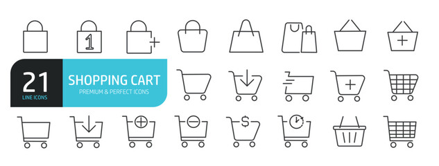 Set of line icons related to shopping cart, basket. Outline icons collection. Editable stroke. Vector illustration.