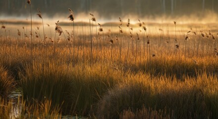 Obraz premium Golden reeds swaying gently in the morning light over a tranquil wetland