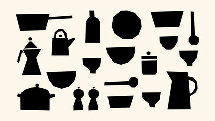 Kitchenware black stickers in flat and naive style. Crockery, cutlery, kitchen equipment for cooking. Bright set of cooking elements. Pan, spoon, fork, frying pan. Vector set