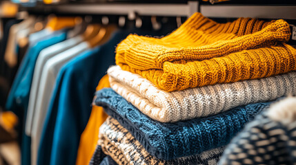 Stack of clean cotton clothes with collar vector. Isolated realistic pile of linen shirt and pullover with shadow. Colored folded casual cloth for retail store. Shopping for garment and organising.