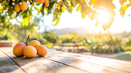 fresh mangoes on wooden table with a mango tree farm in sunlight